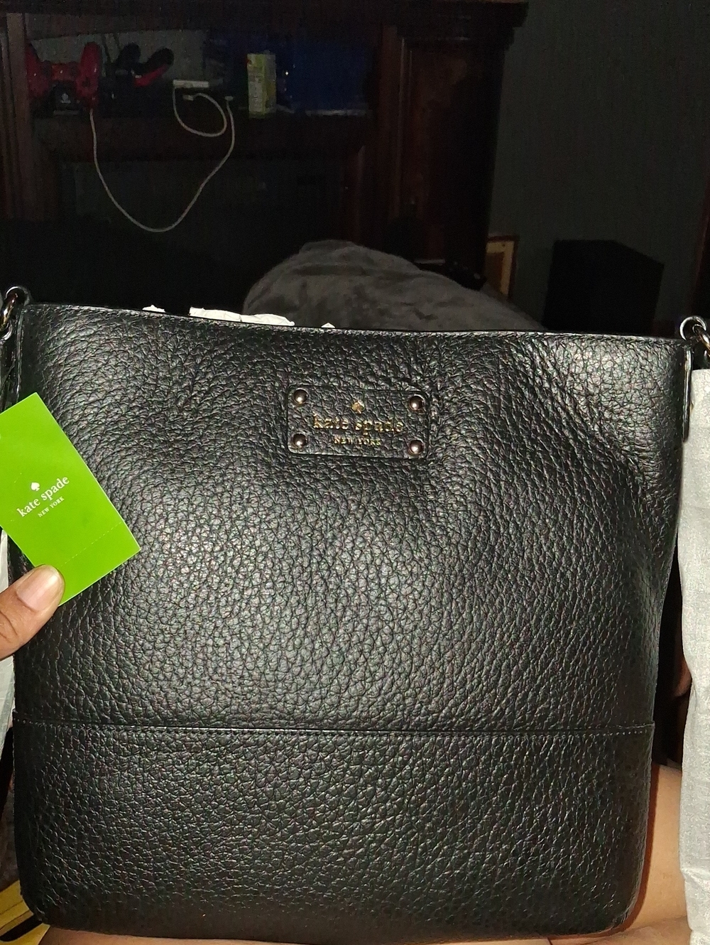 kate spade Black Pebbled Leather Shoulder Bag with Gold Logo Plate